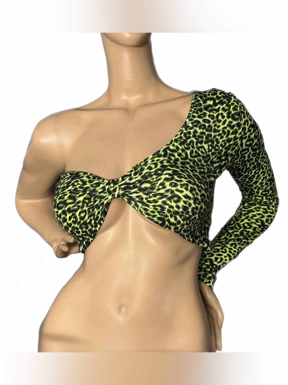 Neon Green Leopard One-Shoulder Crop Top